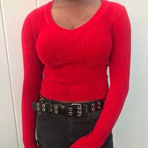 red v-neck knit sweater